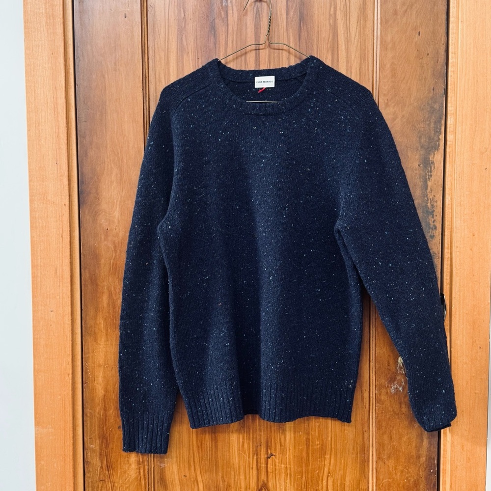Club Monaco Navy Speckle Women Crewneck Sweater Suede Patch Elbows Wool Blend M